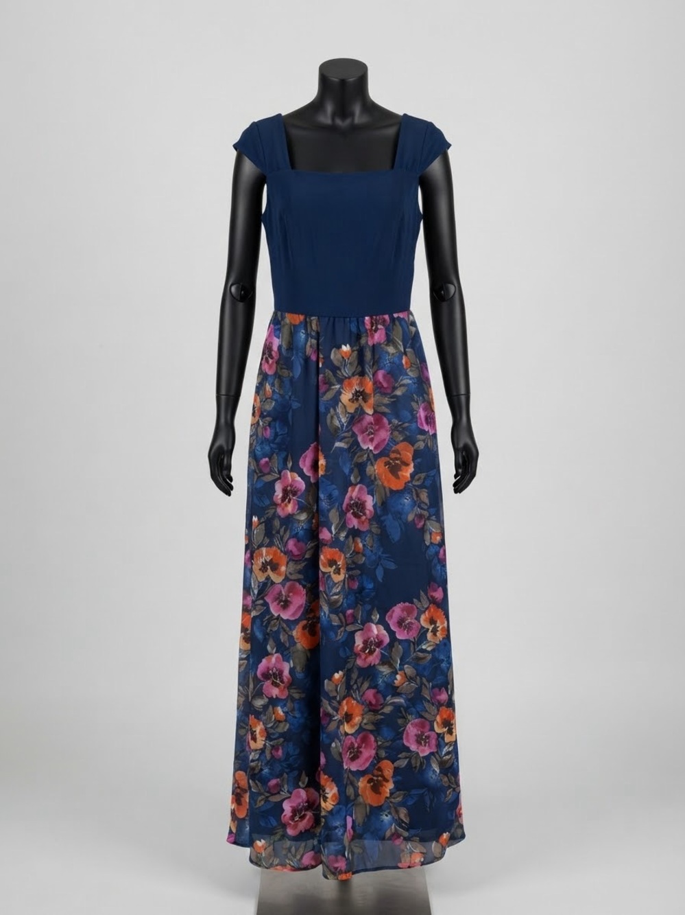 SLNY Navy Maxi Dress with Floral Skirt Panel